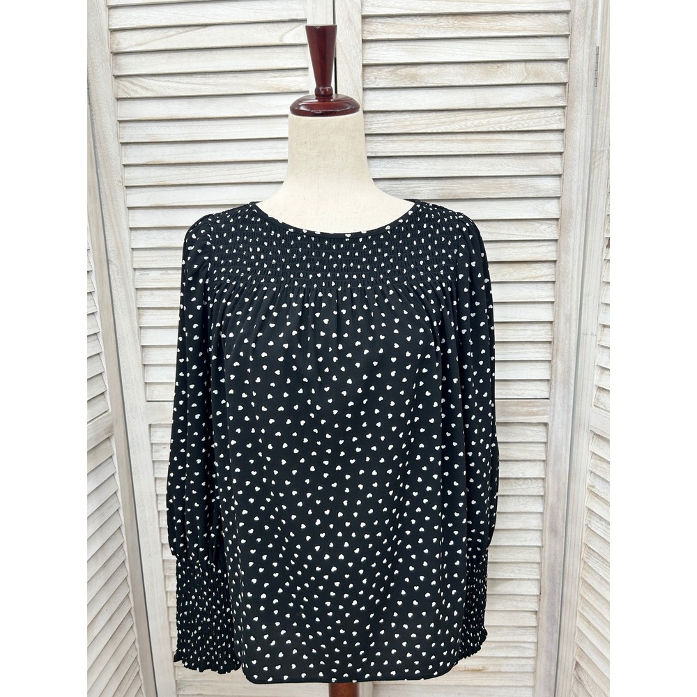 Kate Spade Smocked Heart Blouse Small Black White Coquette Twee Preppy